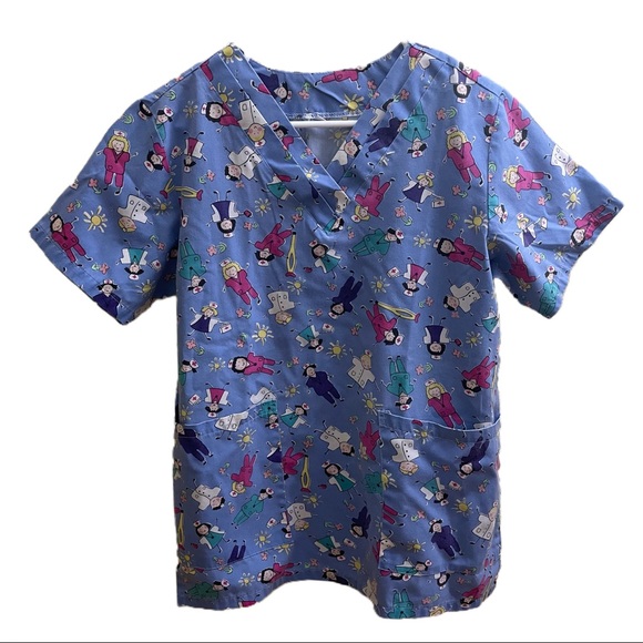 Nurse Work Clothes Scrubs Top 100% Cotton Super Comfy With Nurses Cartoon Print - Picture 1 of 4